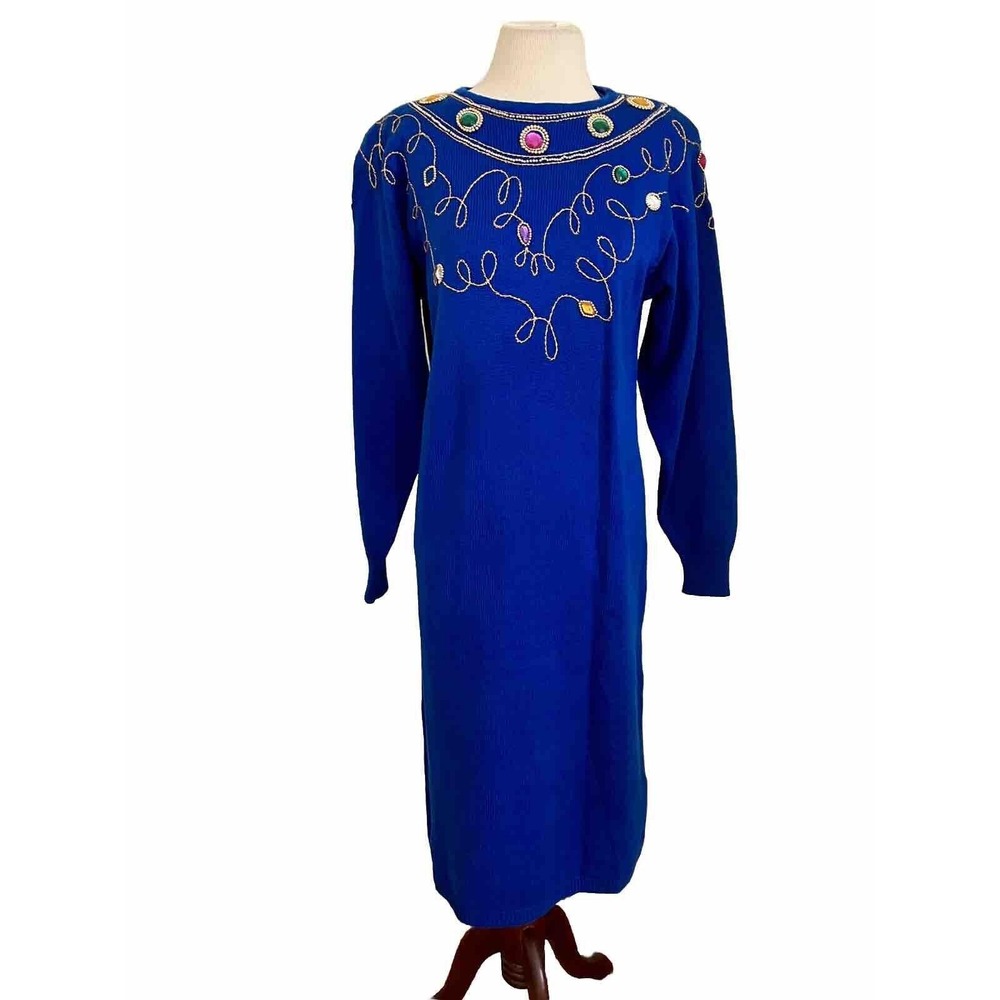 VTG 80's Darian‎ Sweater Dress Sz M Blue Rhinestone Punkrock new wave